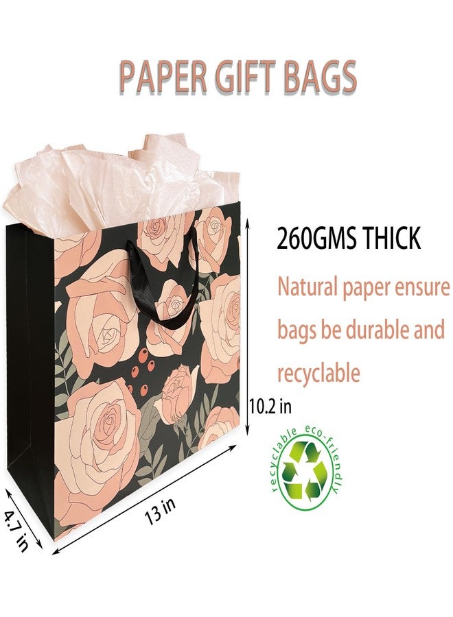 AMROSE Large 13’’ Rose Gift Bags with Card and Tissue Paper, Recyclable Paper Gift Bag for Birthdays, Mother's Day, Wedding, Engagement, Valentine's Day, Parties and more, Black - Image 2